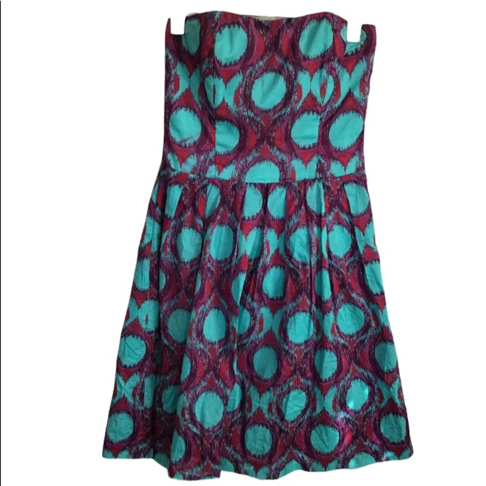Nicole Miller Turquoise/Purple Cotton Ikat Strapless Dress Sz. 2 - Picture 2 of 7